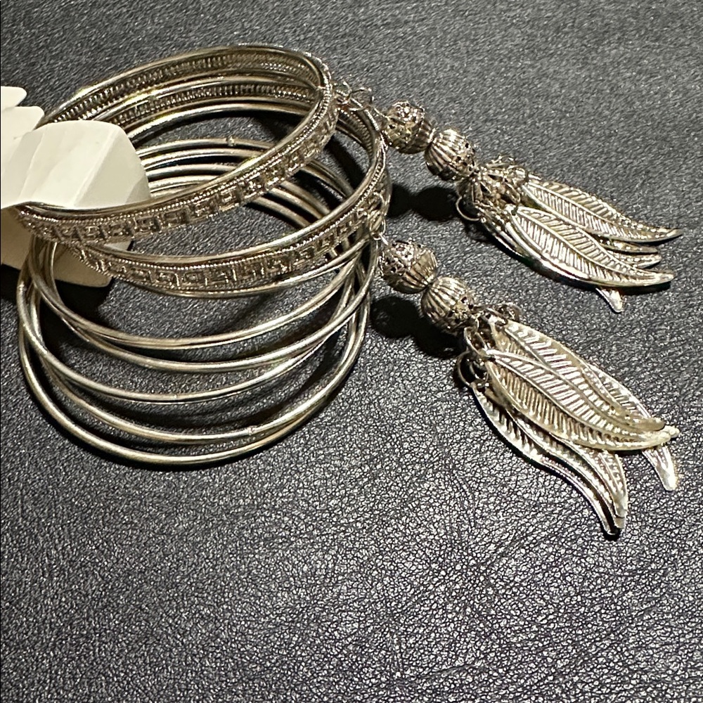 NOOR Pakistani Silver-Tone Bangle Bracelet Set 2 w/leaf Tassles